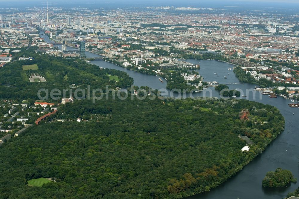 Aerial image Berlin - Forests Plaenterwald on the shores of Spree River in the district Treptow in Berlin, Germany