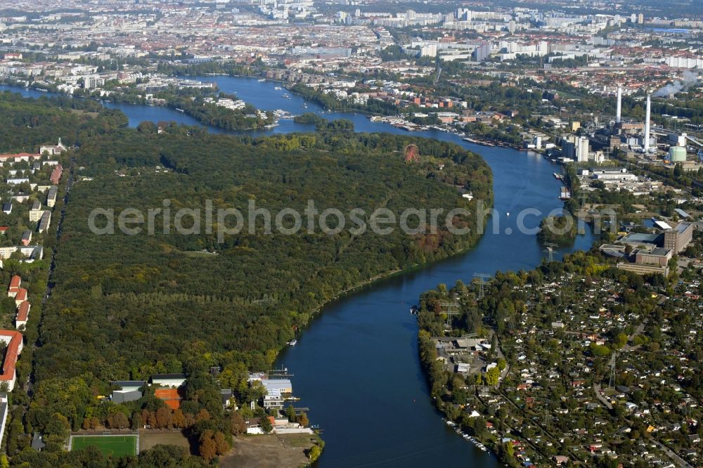 Berlin from above - Forests Plaenterwald on the shores of Spree River in the district Treptow in Berlin, Germany