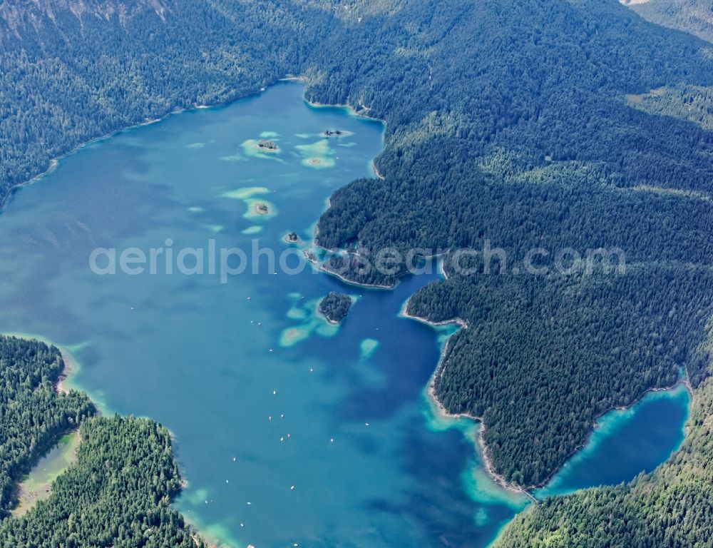 Grainau from the bird's eye view: Forests on the shores of Lake Eibsee in Grainau in the state Bavaria, Germany