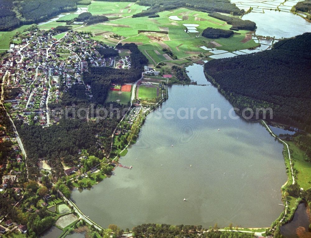 Erlangen from above - Forests on the shores of Lake Grosser Bischofsweiher in Erlangen in the state Bavaria, Germany