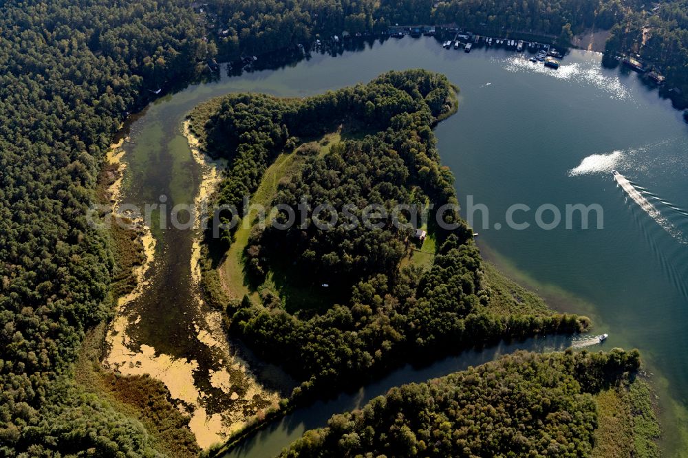 Luhme from the bird's eye view: Forests on the shores of Lake Grosser Zechliner See on street Landwehrbruecke in Luhme in the state Brandenburg, Germany