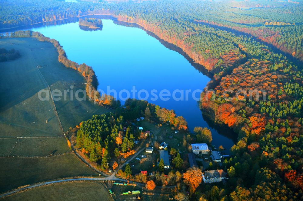 Krüselin from above - Forests on the shores of Lake Krueselinsee in Krueselin Boitzenburger Land in the state Mecklenburg - Western Pomerania, Germany