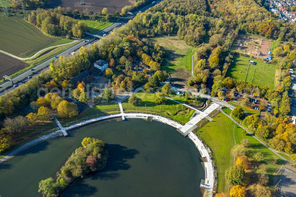 Bochum from above - forests on the shores of Lake Uemminger See in Bochum in the state North Rhine-Westphalia, Germany