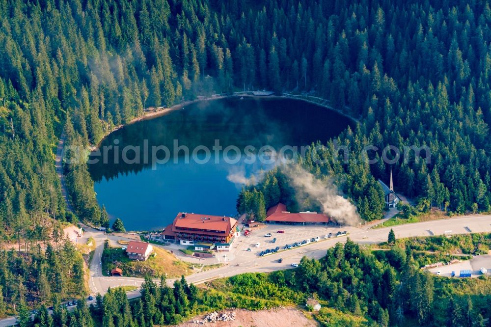 Seebach from the bird's eye view: Forests on the shores of Lake Mumelsee in Seebach in the state Baden-Wurttemberg, Germany