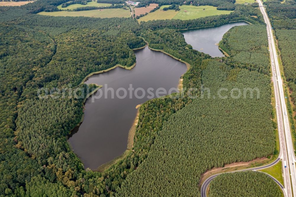 Aerial photograph Althüttendorf - Forests on the shores of Lake Tiefer Bugsinsee in Althuettendorf in the state Brandenburg, Germany