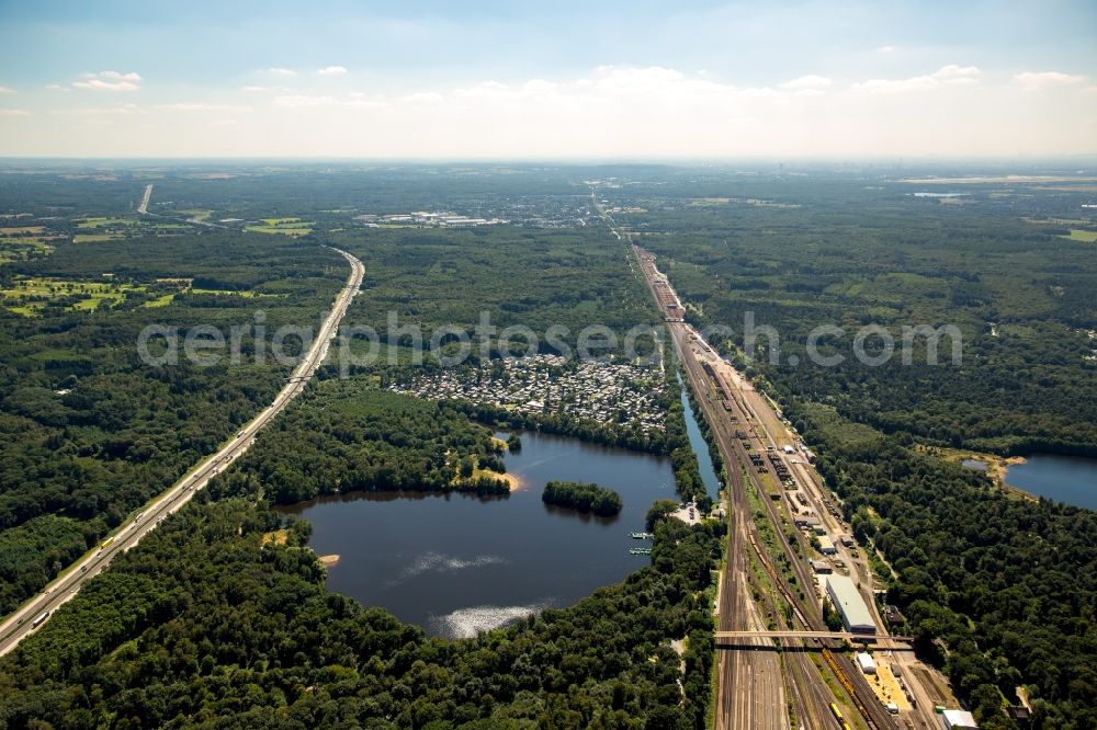 Mülheim an der Ruhr from the bird's eye view: Forests on the shores of Lake Entenfang in Muelheim on the Ruhr in the state North Rhine-Westphalia