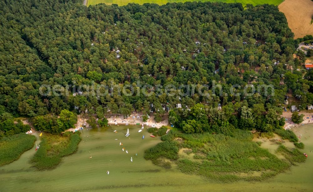 Boeker Mühle from above - Forests on the shores of Lake Mueritz with the area of surf school Katamaran- und Surfmuehle - Die Surfschule und Segelschule an der Mueritz in Boeker Muehle in the state Mecklenburg - Western Pomerania