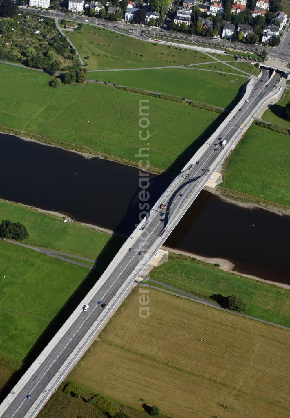 Dresden from above - Waldschloesschenbruecke on the river Elbe in Dresden in Saxony