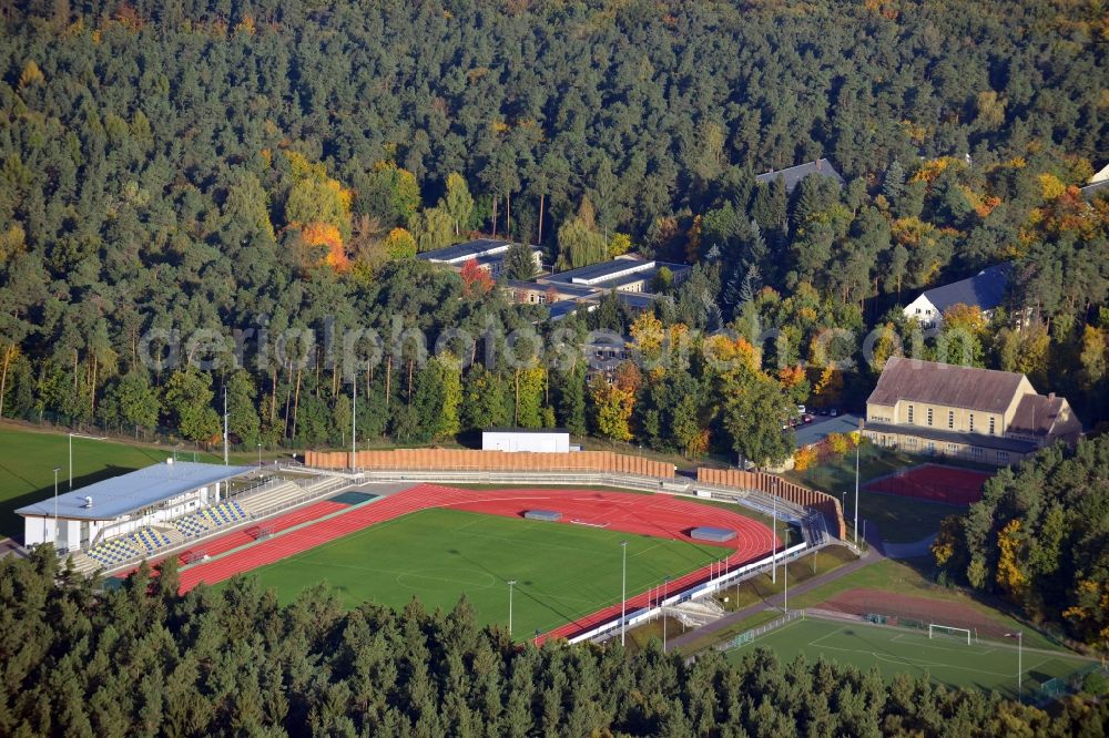 Haldensleben from the bird's eye view: View of the stadium Waldstadion in haldensleben in the state Saxony-Anhalt. The stadium is available for athletic sports, football and bowling