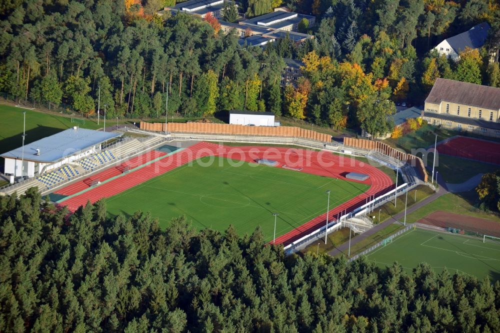 Aerial image Haldensleben - View of the stadium Waldstadion in haldensleben in the state Saxony-Anhalt. The stadium is available for athletic sports, football and bowling