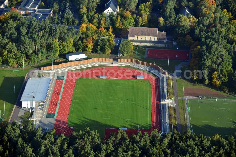 Aerial photograph Haldensleben - View of the stadium Waldstadion in haldensleben in the state Saxony-Anhalt. The stadium is available for athletic sports, football and bowling