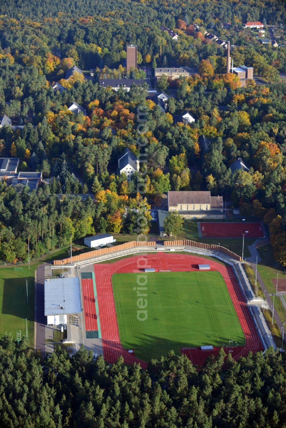 Haldensleben from above - View of the stadium Waldstadion in haldensleben in the state Saxony-Anhalt. The stadium is available for athletic sports, football and bowling