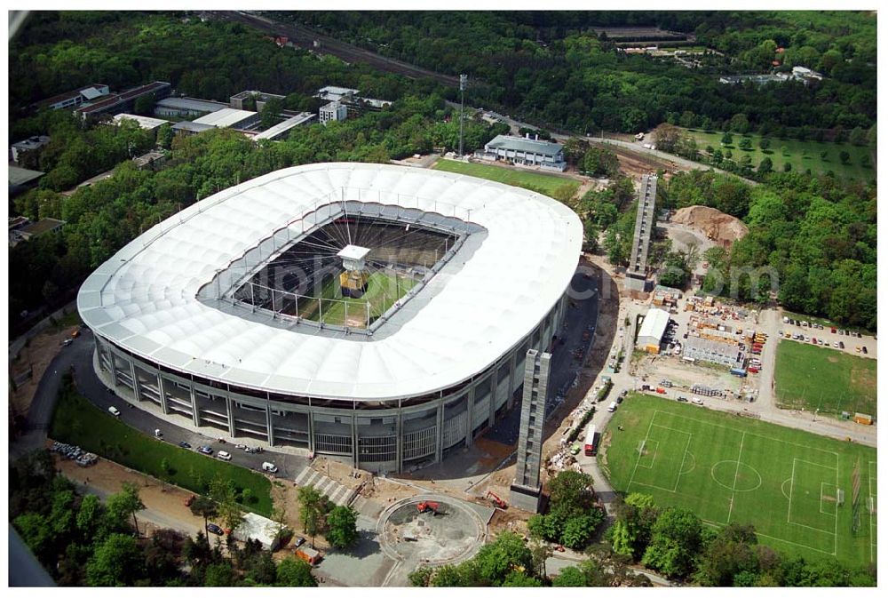 Aerial image Frankfurt - Umbau des Waldstadions ( Commerzbank-Arena ) Frankfurt (Eintracht Frankfurt)an der Mörfelder Landstraße 362 in 60528 in Frankfurt/ Main durch die Firma MAX BÖGL, Schüßler Plan (Projektsteuerung), Architekten: gmp Gerkan, Marg & Partner Hamburg