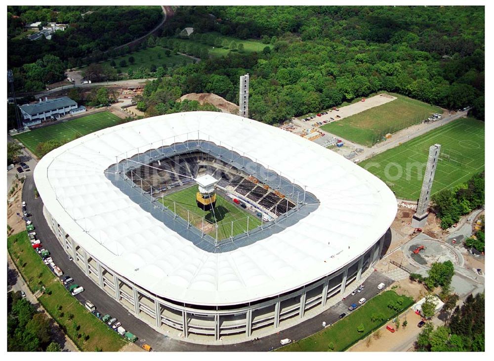 Frankfurt from the bird's eye view: Umbau des Waldstadions ( Commerzbank-Arena ) Frankfurt (Eintracht Frankfurt)an der Mörfelder Landstraße 362 in 60528 in Frankfurt/ Main durch die Firma MAX BÖGL, Schüßler Plan (Projektsteuerung), Architekten: gmp Gerkan, Marg & Partner Hamburg,