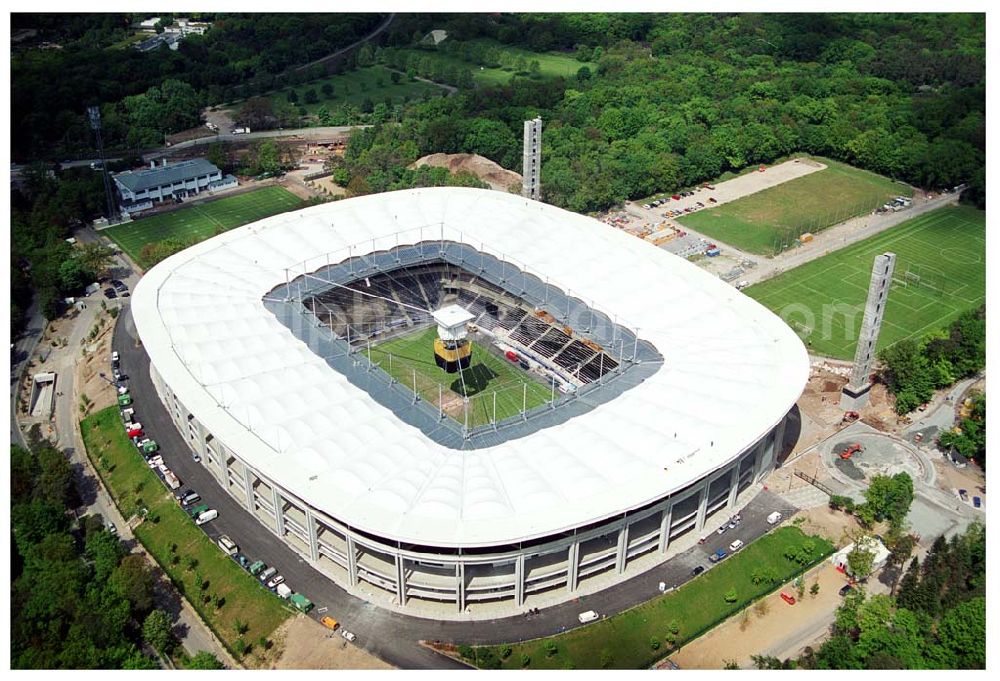 Aerial image Frankfurt - Umbau des Waldstadions ( Commerzbank-Arena ) Frankfurt (Eintracht Frankfurt)an der Mörfelder Landstraße 362 in 60528 in Frankfurt/ Main durch die Firma MAX BÖGL, Schüßler Plan (Projektsteuerung), Architekten: gmp Gerkan, Marg & Partner Hamburg,