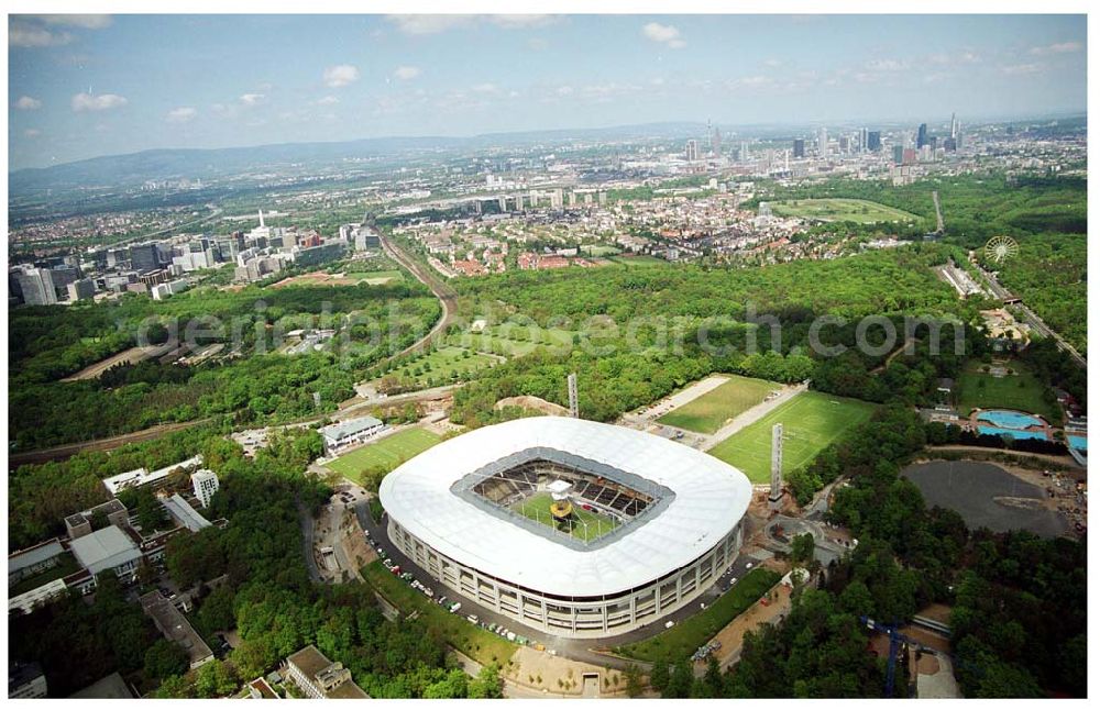 Aerial image Frankfurt - Umbau des Waldstadions ( Commerzbank-Arena ) Frankfurt (Eintracht Frankfurt)an der Mörfelder Landstraße 362 in 60528 in Frankfurt/ Main durch die Firma MAX BÖGL, Schüßler Plan (Projektsteuerung), Architekten: gmp Gerkan, Marg & Partner Hamburg,