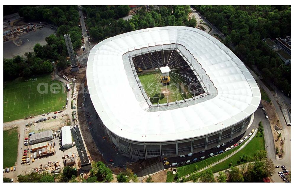 Frankfurt from the bird's eye view: Umbau des Waldstadions ( Commerzbank-Arena ) Frankfurt (Eintracht Frankfurt)an der Mörfelder Landstraße 362 in 60528 in Frankfurt/ Main durch die Firma MAX BÖGL, Schüßler Plan (Projektsteuerung), Architekten: gmp Gerkan, Marg & Partner Hamburg,