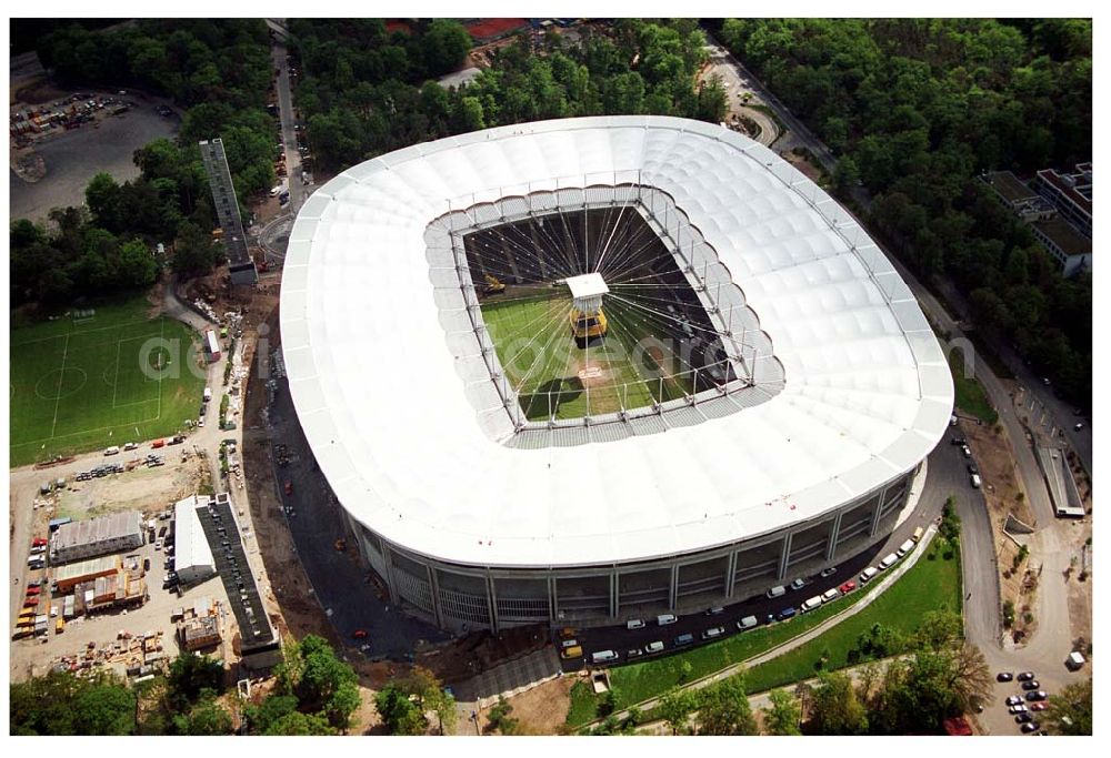 Aerial image Frankfurt - Umbau des Waldstadions ( Commerzbank-Arena ) Frankfurt (Eintracht Frankfurt)an der Mörfelder Landstraße 362 in 60528 in Frankfurt/ Main durch die Firma MAX BÖGL, Schüßler Plan (Projektsteuerung), Architekten: gmp Gerkan, Marg & Partner Hamburg,