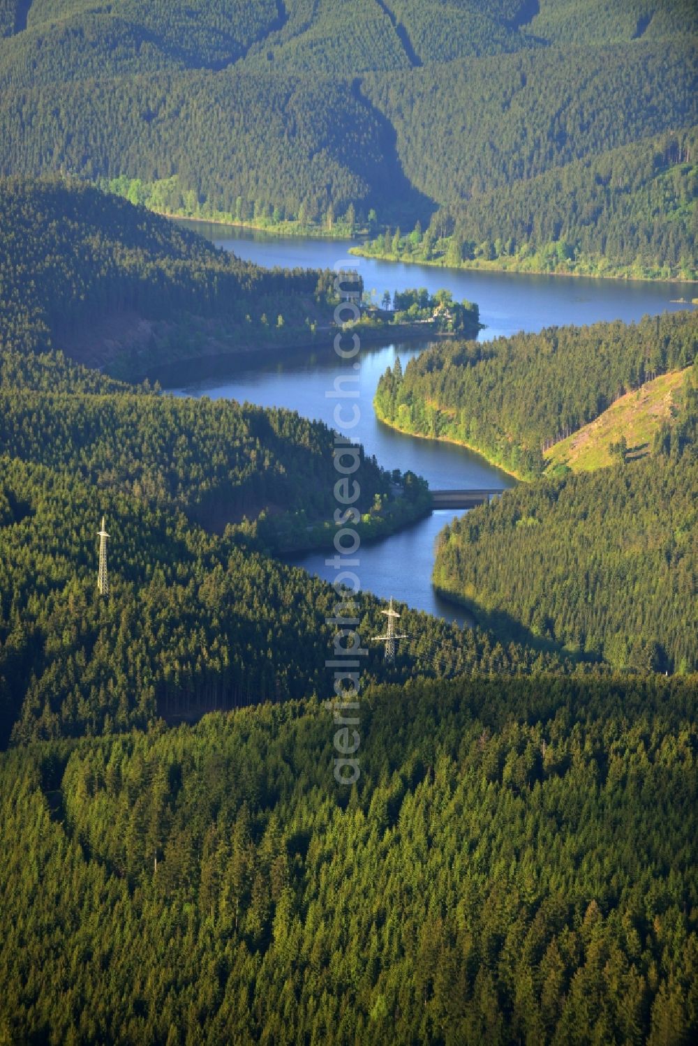 Aerial image Schulenberg - Conversely Benes forest terrain of Okerstausee at school in the Upper Harz Mountains in Lower Saxony