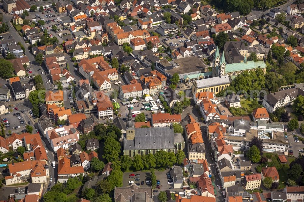 Aerial image Werl - View of the pilgrimage basilica of the Visitation with its green roofs and the curch of St. Walburga in Werl in the Unnaer Boerde in the state North Rhine-Westphalia