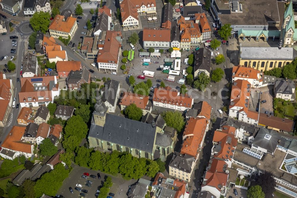 Aerial photograph Werl - View of the pilgrimage basilica of the Visitation with its green roofs and the curch of St. Walburga in Werl in the Unnaer Boerde in the state North Rhine-Westphalia