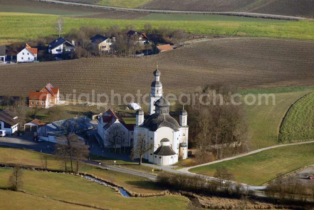 Aerial photograph Sielenbach - , Blick auf die Wallfahrtskirche Maria Birnbaum. Die barocke Wallfahrtskirche Maria Birnbaum wurde 1661 – 1668 als erste Kuppelkirche nördlich der Alpen errichtet. Kirche: Maria-Birnbaum -Straße 51, 86577 Sielenbach, Tel: 08258/ 9985-0, Fax: 08258/998510 Deutscher Orden: Klosterweg 1, 83629 Weyarn, Tel:08020/90 61 00, Fax: 08020/90 61 01.