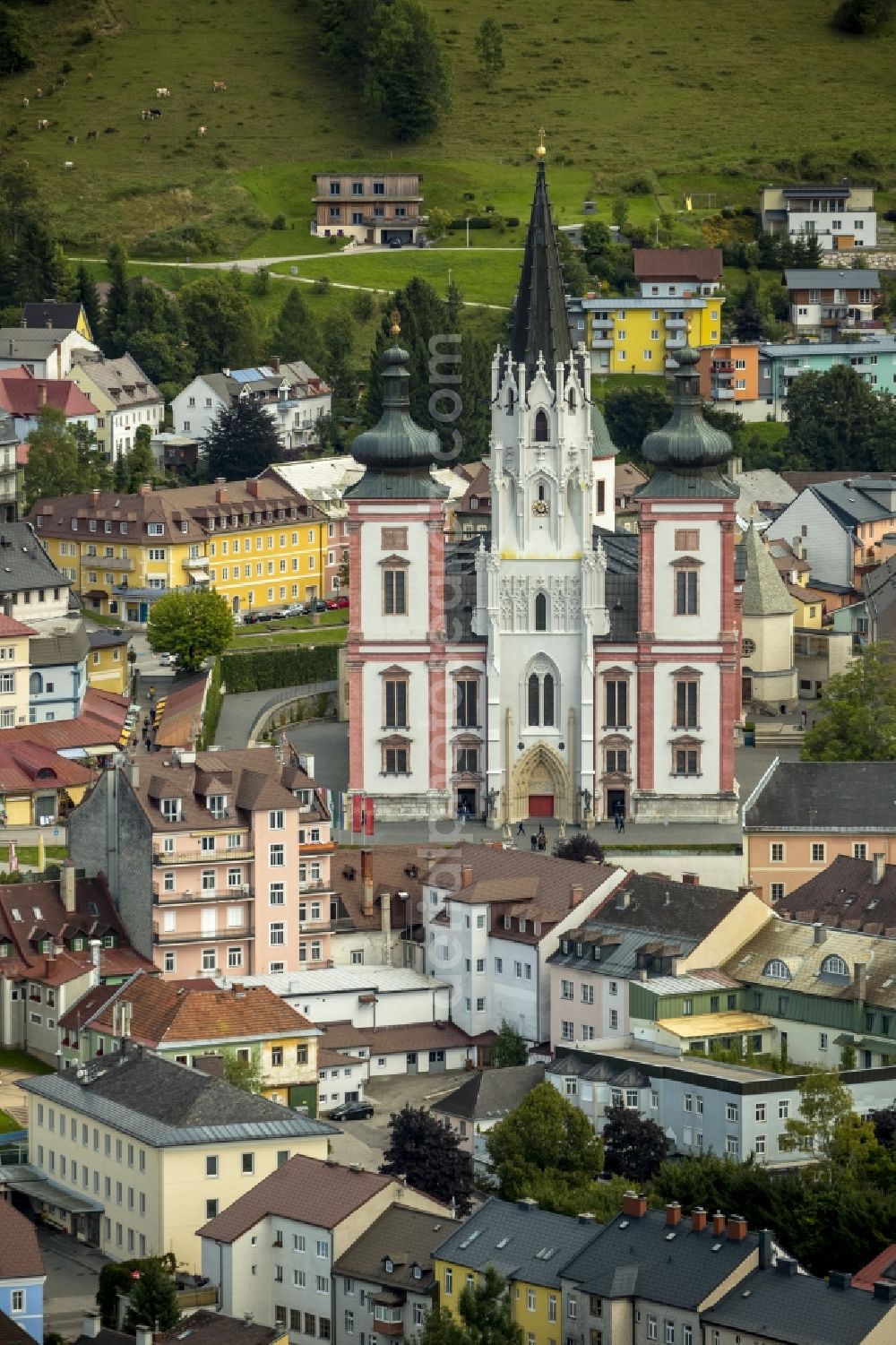 Mariazell from the bird's eye view: Pilgrimage of church architecture basilica of Mariazell in Styria in Austria