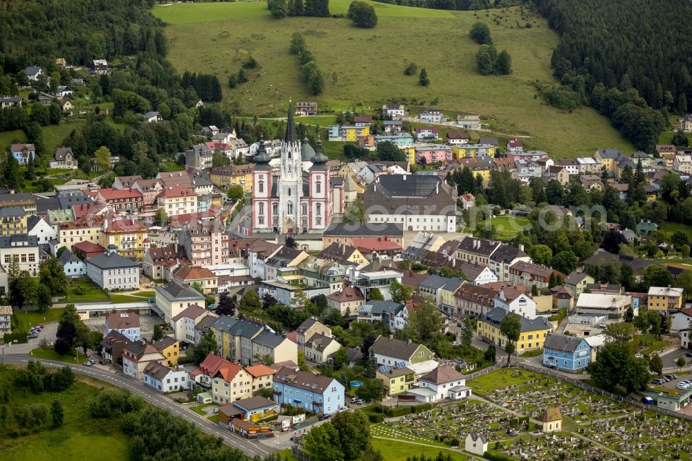 Aerial image Mariazell - Pilgrimage of church architecture basilica of Mariazell in Styria in Austria