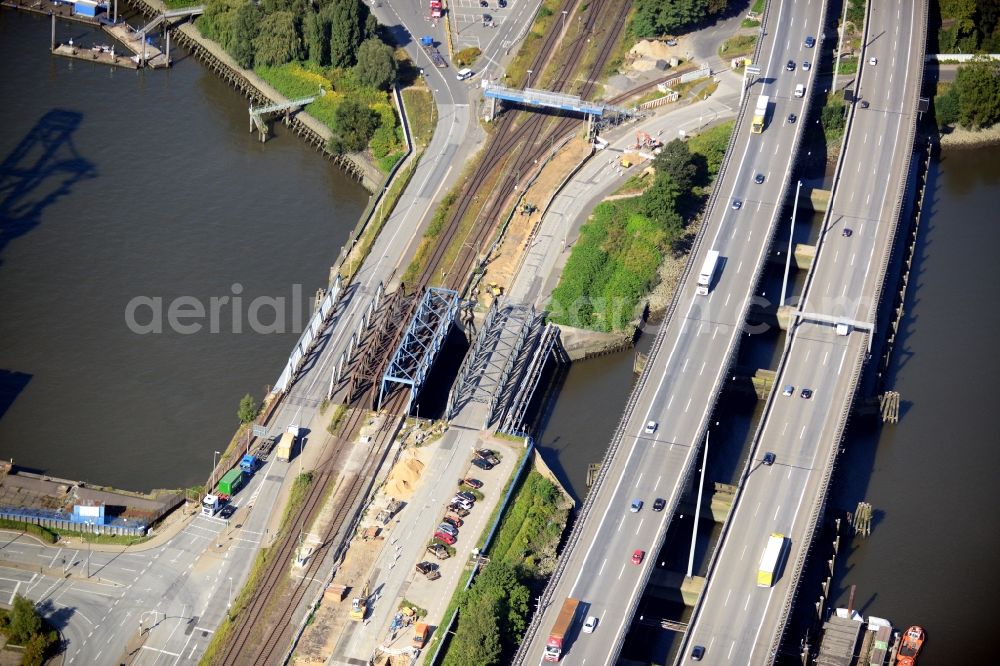 Aerial photograph Hamburg - Railway bridge Waltershof and motorway bridge A7 in Hamburg-Mitte / Waltershof. A project of the Hamburg Port Authority HPA