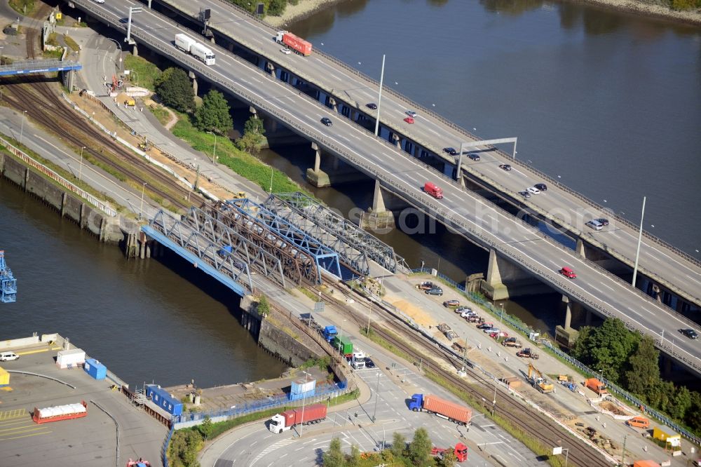 Hamburg from above - Railway bridge Waltershof and motorway bridge A7 in Hamburg-Mitte / Waltershof. A project of the Hamburg Port Authority HPA