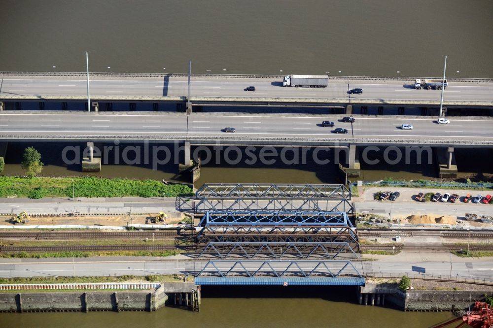 Hamburg from the bird's eye view: Railway bridge Waltershof and motorway bridge A7 in Hamburg-Mitte / Waltershof. A project of the Hamburg Port Authority HPA