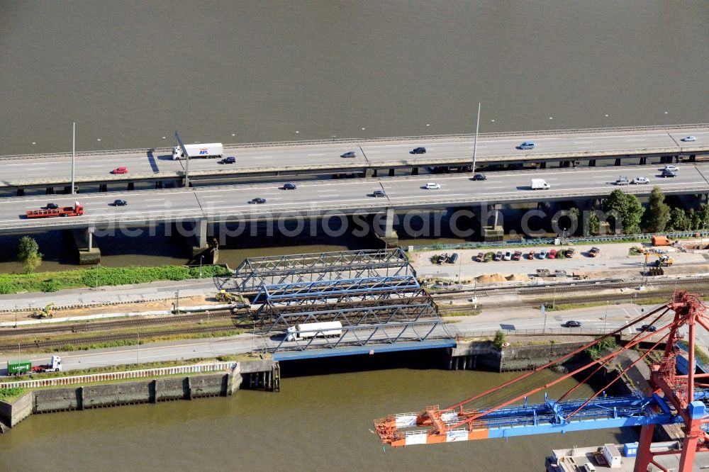 Hamburg from above - Railway bridge Waltershof and motorway bridge A7 in Hamburg-Mitte / Waltershof. A project of the Hamburg Port Authority HPA