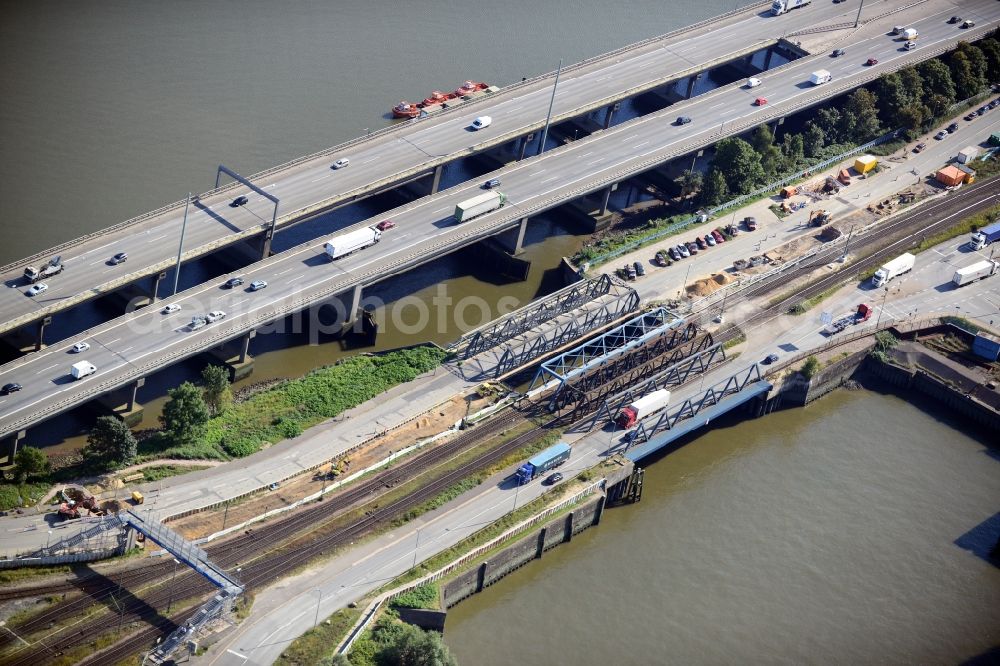 Hamburg from above - Railway bridge Waltershof and motorway bridge A7 in Hamburg-Mitte / Waltershof. A project of the Hamburg Port Authority HPA