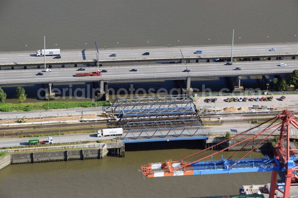 Hamburg from the bird's eye view: Railway bridge Waltershof and motorway bridge A7 in Hamburg-Mitte / Waltershof. A project of the Hamburg Port Authority HPA