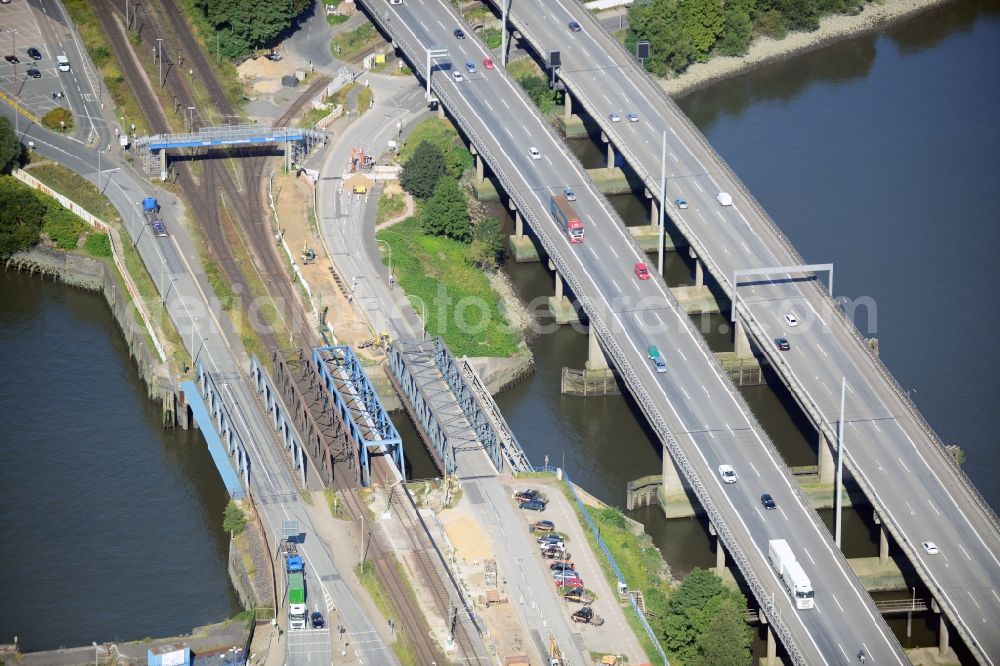 Aerial image Hamburg - Railway bridge Waltershof and motorway bridge A7 in Hamburg-Mitte / Waltershof. A project of the Hamburg Port Authority HPA