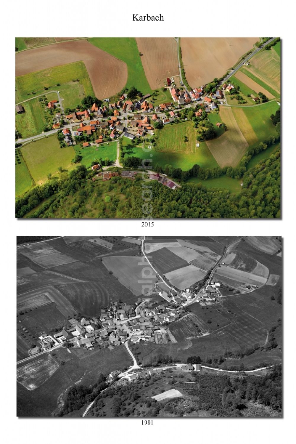 Aerial image Karbach - 1981 and 2015 village - view change of the district of Hassberge belonging municipality in Karbach in the state Bavaria