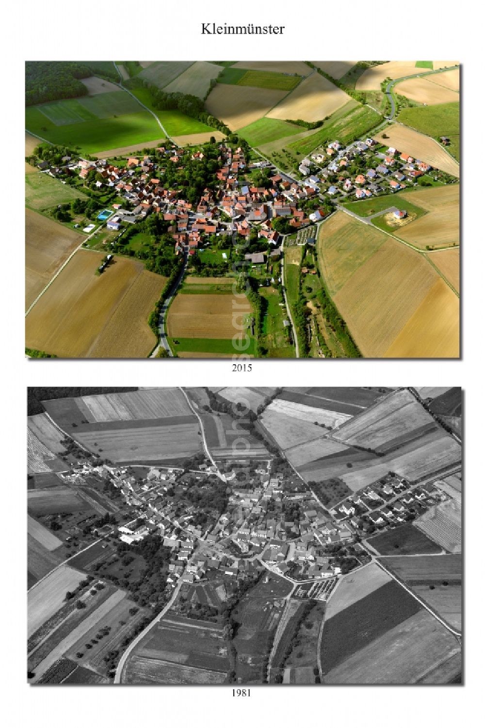 Aerial photograph Kleinmünster - 1981 and 2015 village - view change of the district of Hassberge belonging municipality in Kleinmuenster in the state Bavaria