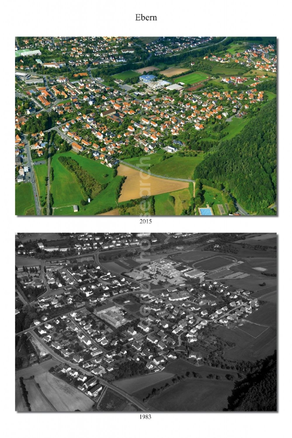 Aerial image Ebern - 1991 and 2015 City - view change of Ebern in the district Hassberge in the state Bavaria