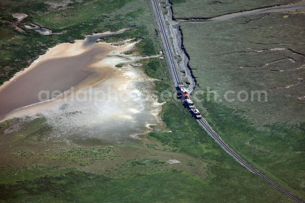 Aerial image Wangerooge - The single track Wangerooge Island Railway is an unelectrified narrow gauge railway located on the East Frisian island of Wangerooge off the northwestern coast of Germany. It is the most important means of transport on the island and is the only narrow gauge railway operated today by the Deutsche Bahn