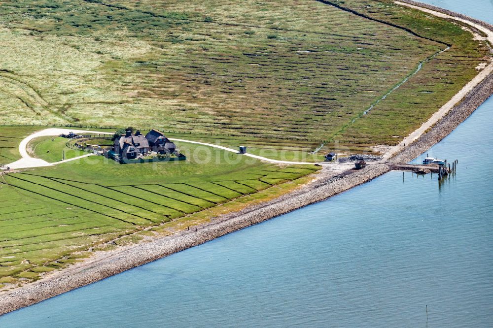 Pellworm from above - Warft on the Hallig Suedfall with port facility in the federal state of Schleswig-Holstein, Germany in Pellworm