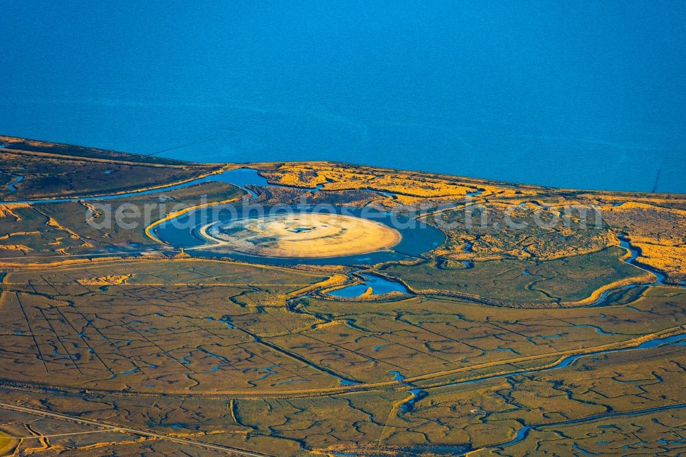 Langeneß from the bird's eye view: Terps new building on the Hallig Langeness for protection against flooding in the state Schleswig-Holstein, Germany