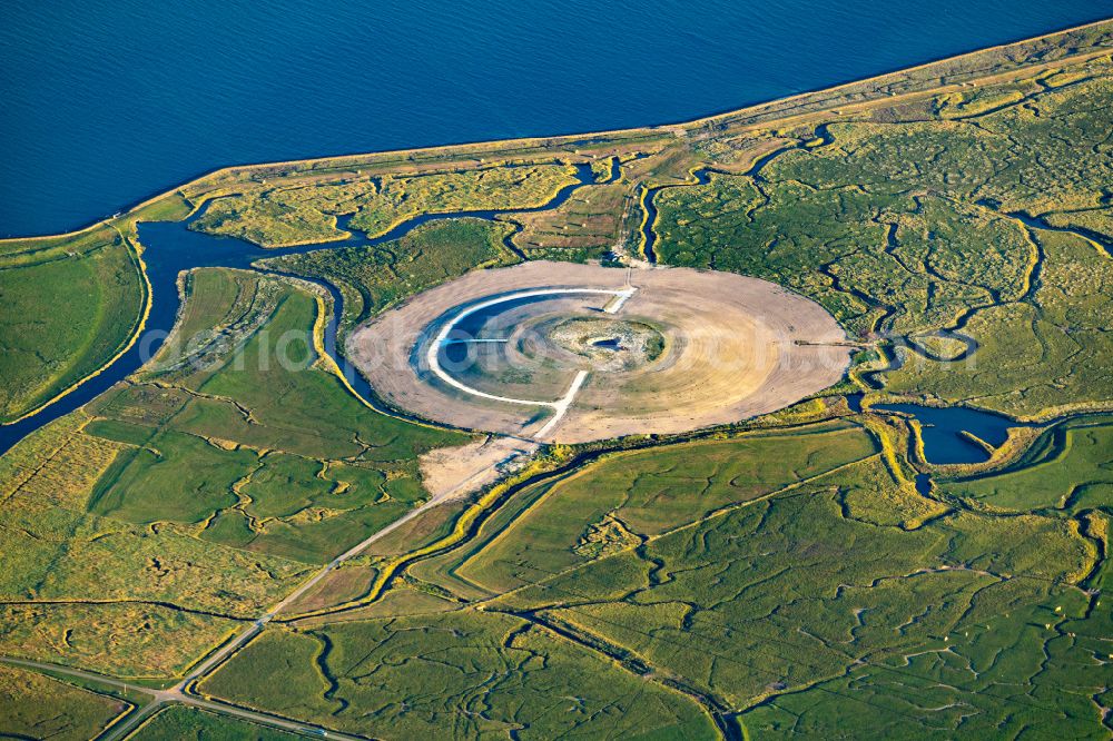 Aerial image Langeneß - Terps new building on the Hallig Langeness for protection against flooding in the state Schleswig-Holstein, Germany