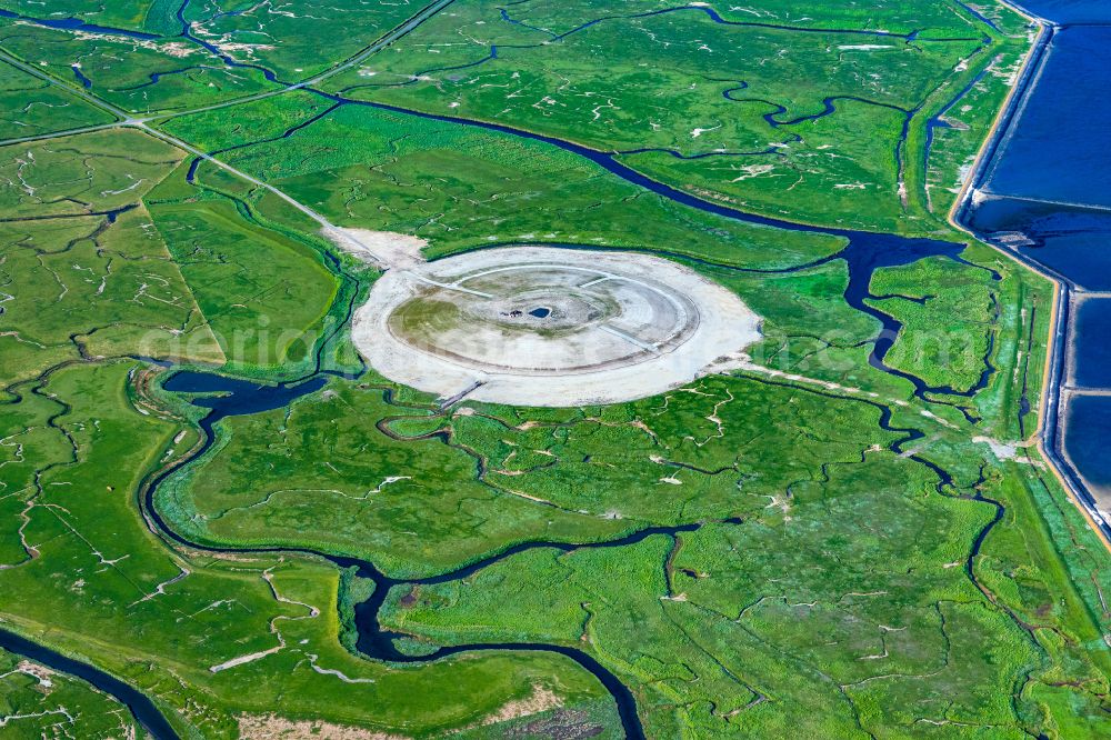 Langeneß from the bird's eye view: Terps new building on the Hallig Langeness for protection against flooding in the state Schleswig-Holstein, Germany