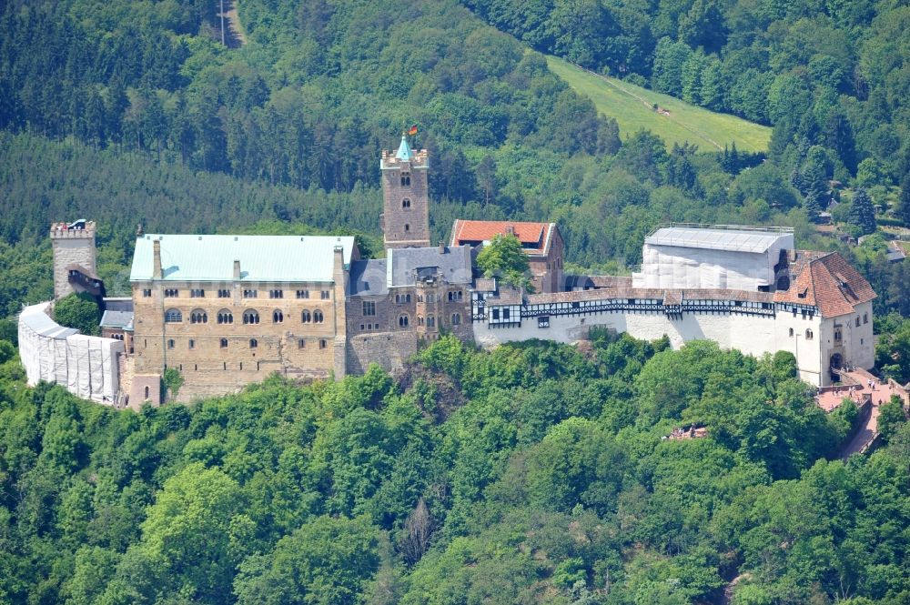 Eisenach from the bird's eye view: View of the Wartburg-Stiftung Eisenach near Eisenach in Thuringia. The castle dates from the 11th Century, but has its present form since the mid-19th Century. Since 1999 it is a UNESCO World Heritage Site