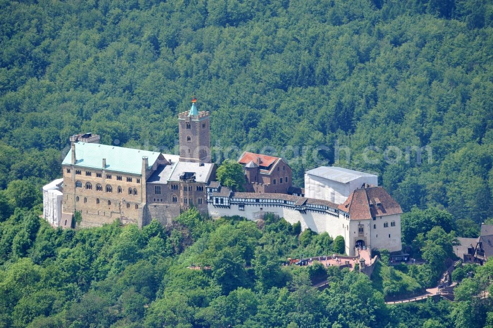 Eisenach from the bird's eye view: View of the Wartburg-Stiftung Eisenach near Eisenach in Thuringia. The castle dates from the 11th Century, but has its present form since the mid-19th Century. Since 1999 it is a UNESCO World Heritage Site