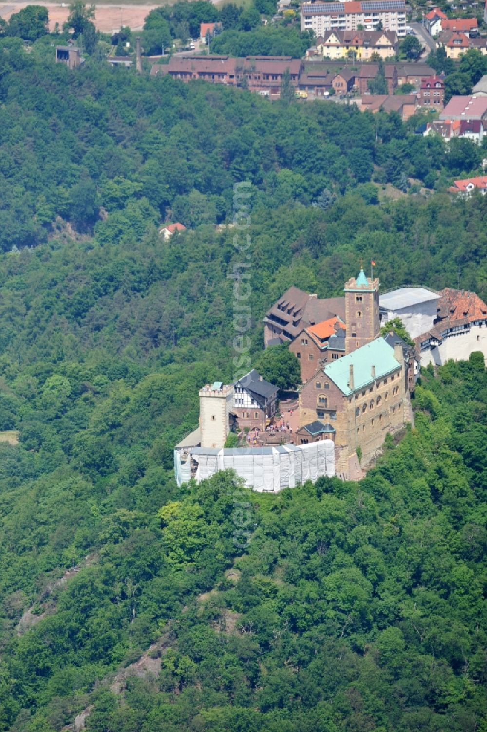 Eisenach from the bird's eye view: View of the Wartburg-Stiftung Eisenach near Eisenach in Thuringia. The castle dates from the 11th Century, but has its present form since the mid-19th Century. Since 1999 it is a UNESCO World Heritage Site