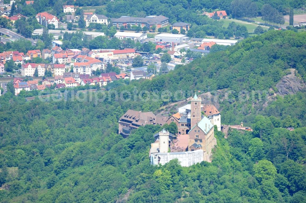 Aerial image Eisenach - View of the Wartburg-Stiftung Eisenach near Eisenach in Thuringia. The castle dates from the 11th Century, but has its present form since the mid-19th Century. Since 1999 it is a UNESCO World Heritage Site