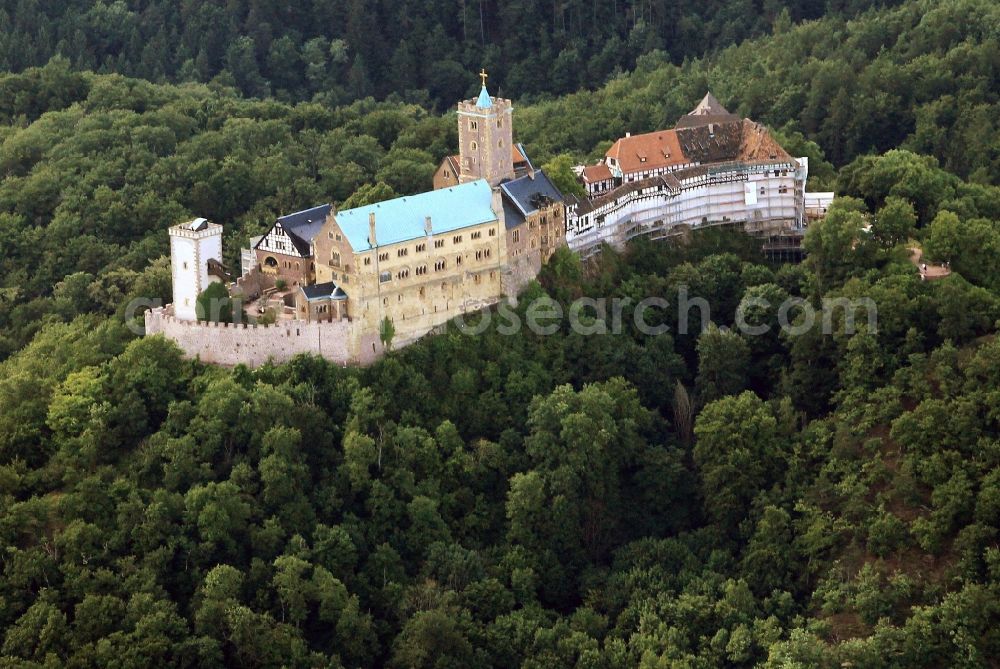 Eisenach from the bird's eye view: View of the Wartburg-Stiftung Eisenach near Eisenach in Thuringia. The castle dates from the 11th Century, but has its present form since the mid-19th Century. Since 1999 it is a UNESCO World Heritage Site