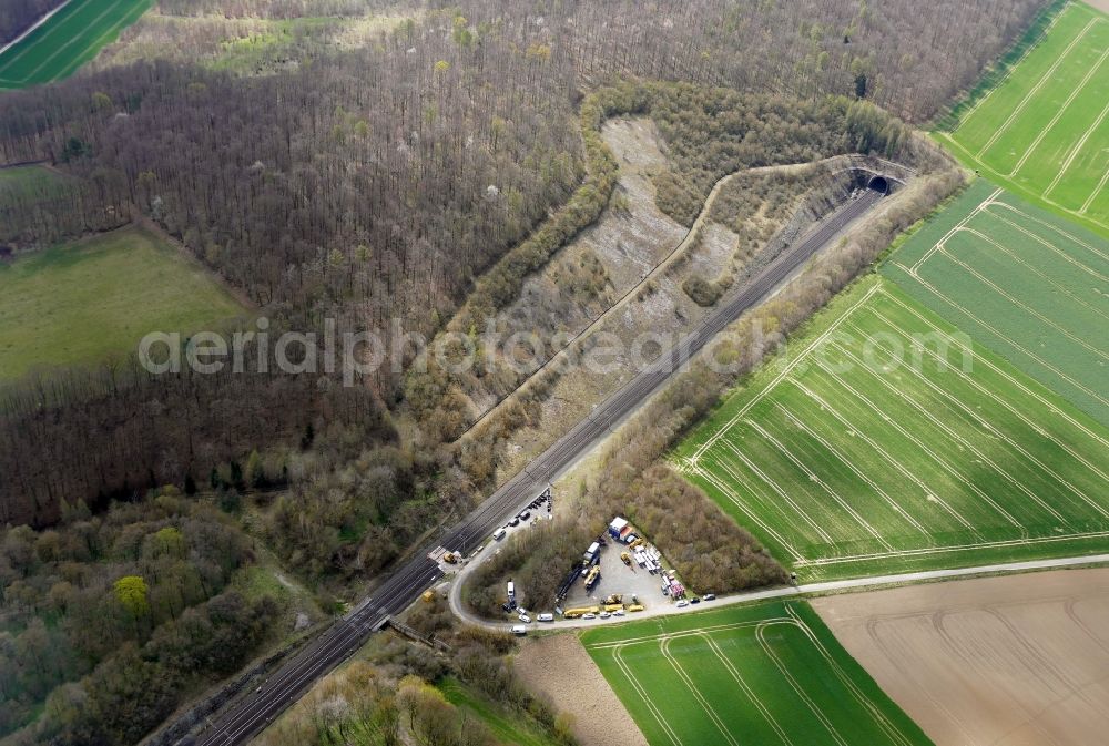 Jühnde from the bird's eye view: Maintenance work on a rail track and overhead wiring harness in the route network of the Deutsche Bahn in Juehnde in the state Lower Saxony, Germany