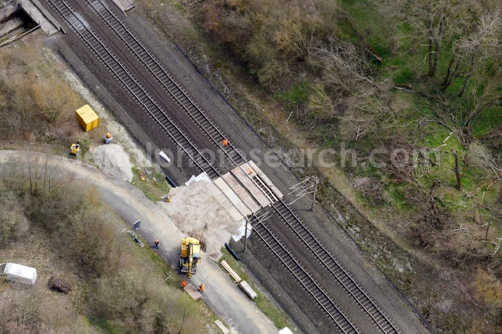 Aerial image Jühnde - Maintenance work on a rail track and overhead wiring harness in the route network of the Deutsche Bahn in Juehnde in the state Lower Saxony, Germany